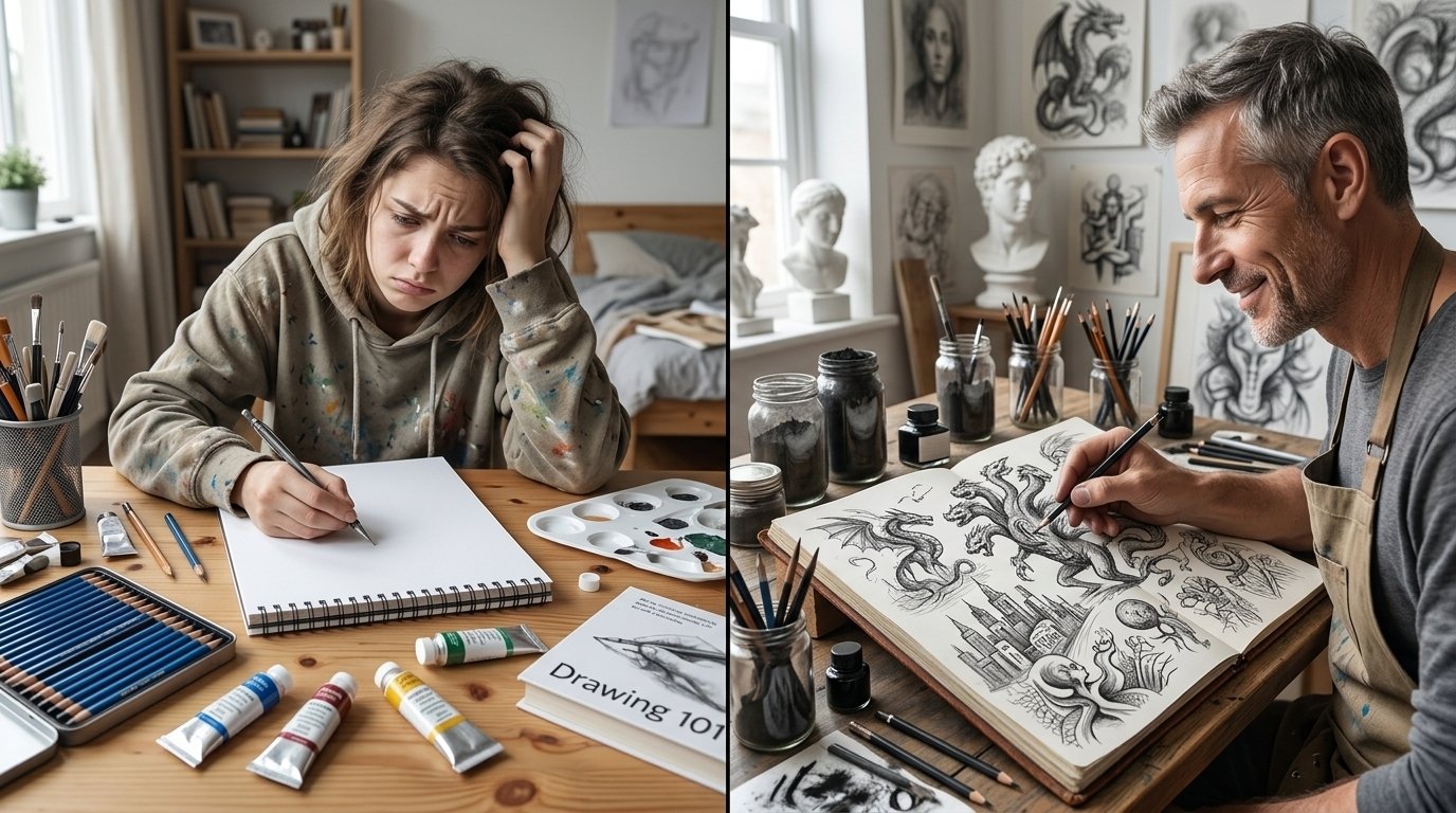 Comparison between beginner and experienced artist drawing from imagination.