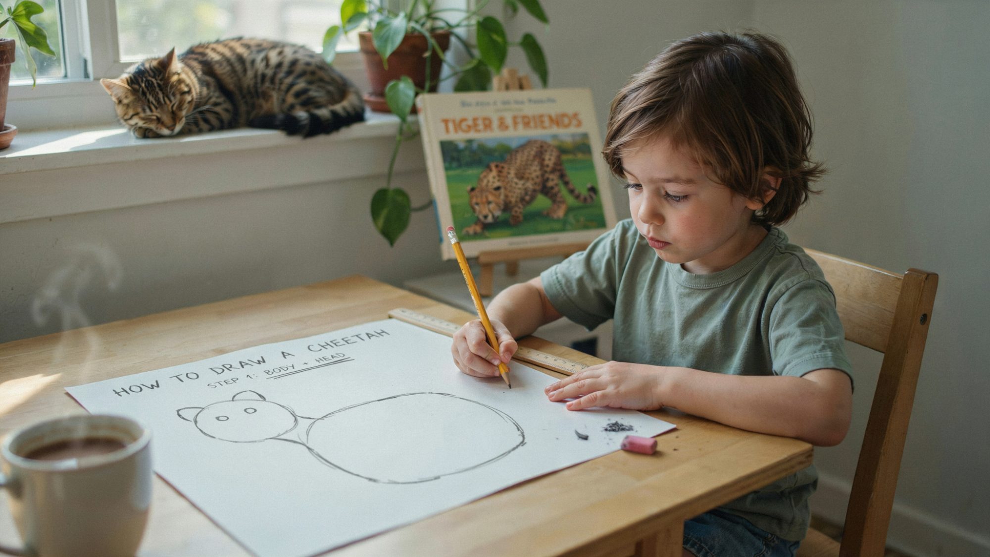 child drawing simple oval and circle shapes on paper to form base of cheetah sketch, showing beginner friendly drawing approach using light pencil strokes.