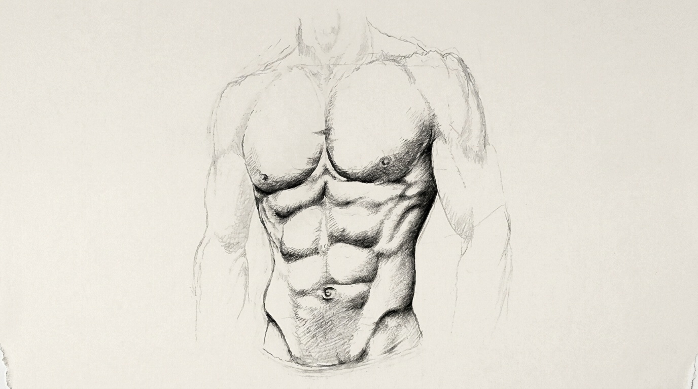 Drawing of a bare male torso, focusing on the defined abs, intended for a beginner's drawing guide.