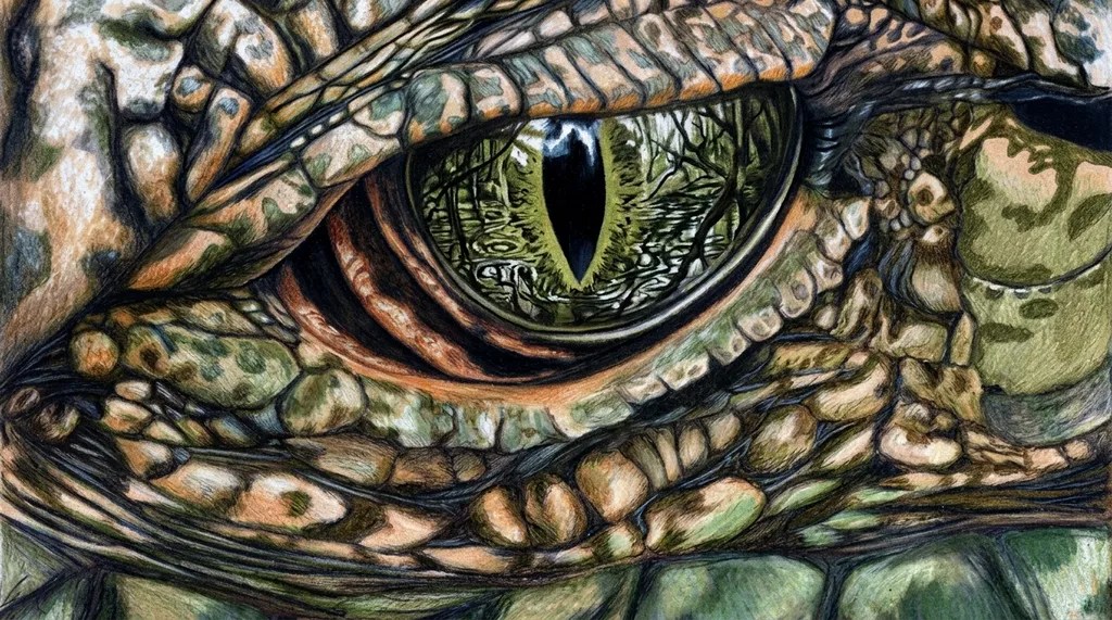 Close-up drawing of an alligator eye with realistic detail.