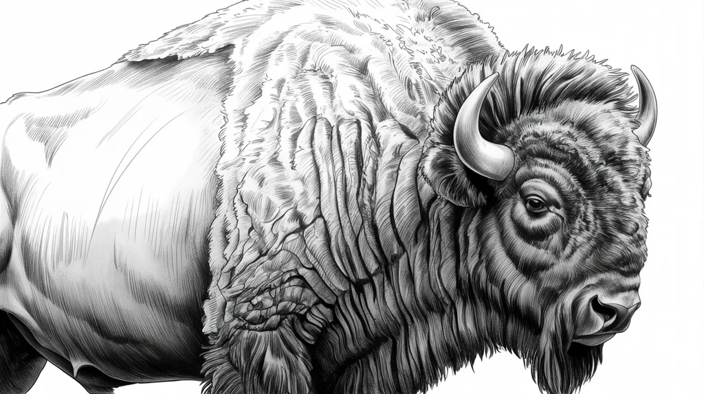 Close-up bison sketch showing detailed fur texture with layered pencil strokes and shading.