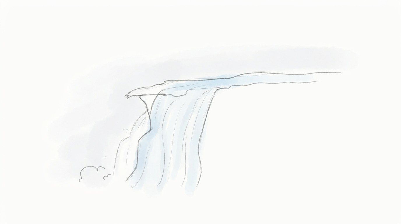 Basic waterfall shape drawn flowing down from the cliff with soft curved lines.