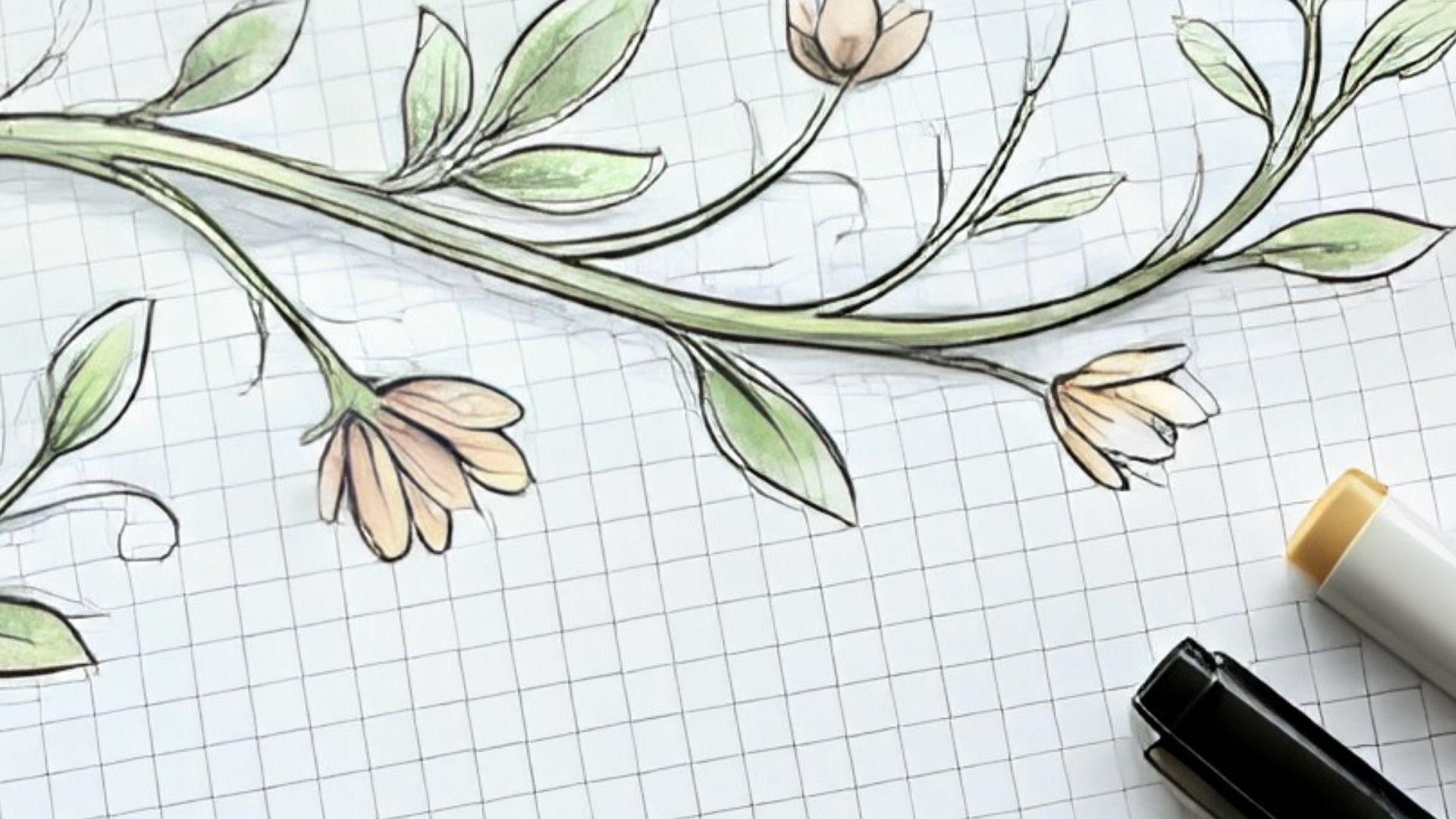 Vine drawing decorated with flowers, buds, and small creative details.