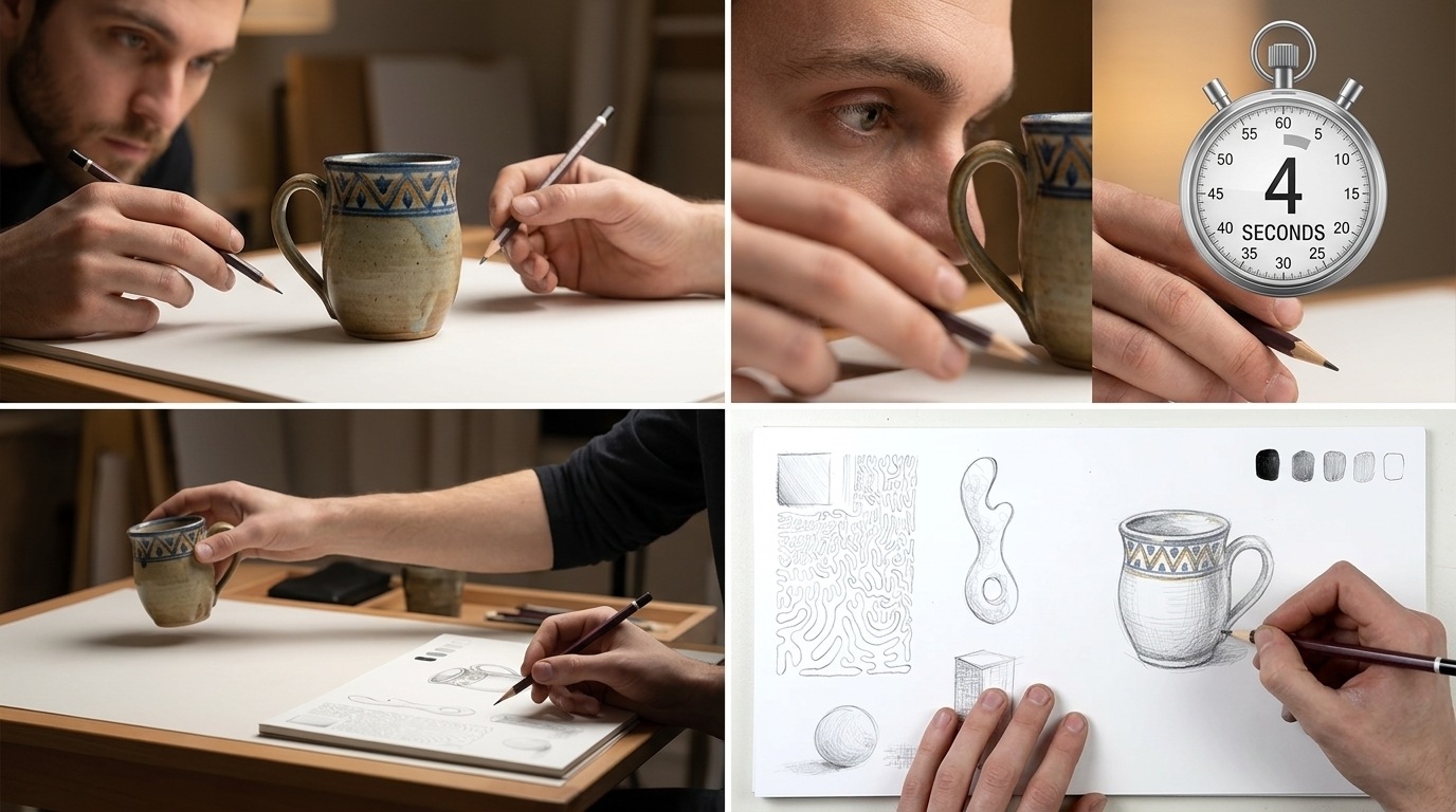 Artist practicing memory drawing exercises without using a reference.