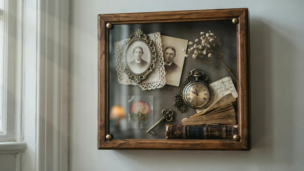 Family heritage shadow box with photos and heirlooms.