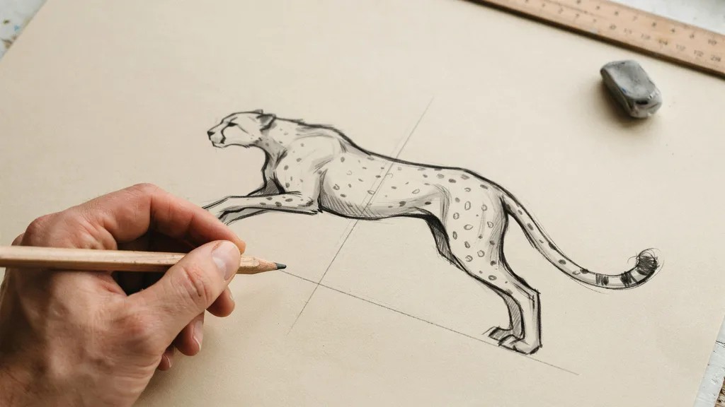 hand drawing cheetah legs and long curved tail using pencil, adding structure and balance to the body while building complete animal shape step by step.
