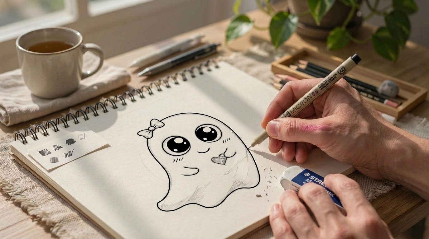 Ghost drawing being outlined in ink and cleaned of pencil guidelines