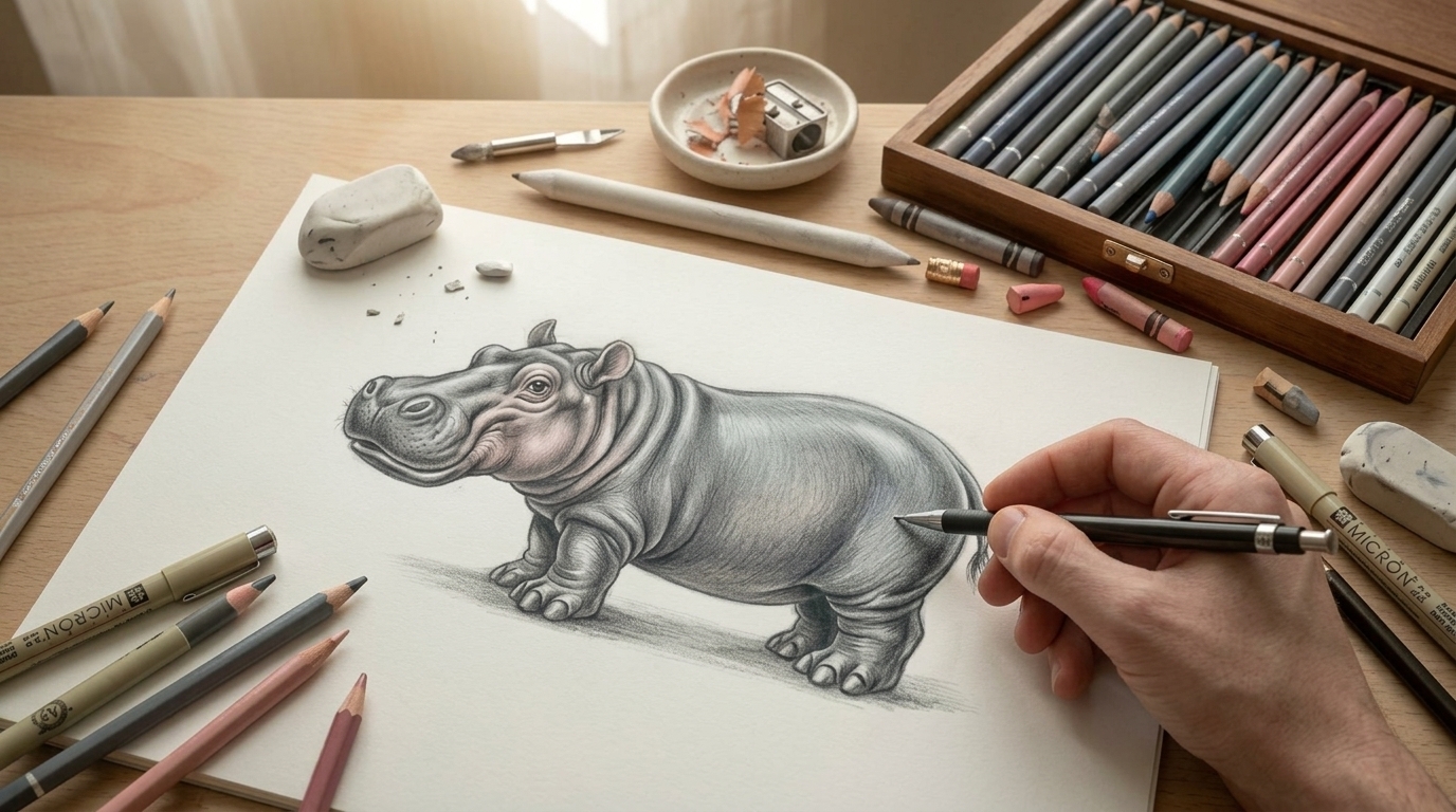 Realistic hippo drawing with detailed shading, texture, and anatomical study on sketchbook