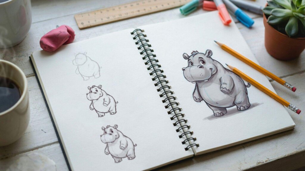 Step-by-step beginner hippo drawing sketch using simple rounded shapes on a sketchbook