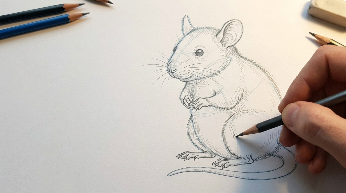 Drawing rat ears, legs, and small feet using simple sketching steps.