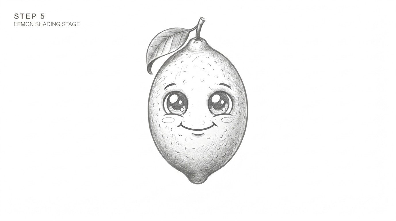 A lemon drawing with soft shading and clean final outlines.