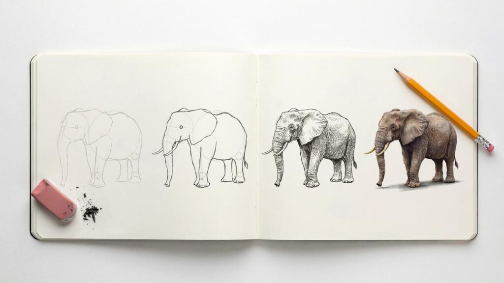How to Draw an Elephant: Easy Step-by-Step Guide Step-by-step elephant drawing from basic sketch to finished artwork.