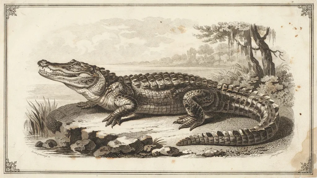Vintage-style alligator illustration inspired by antique wildlife books.