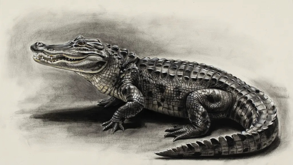 Charcoal drawing of an alligator with deep shadows and texture.