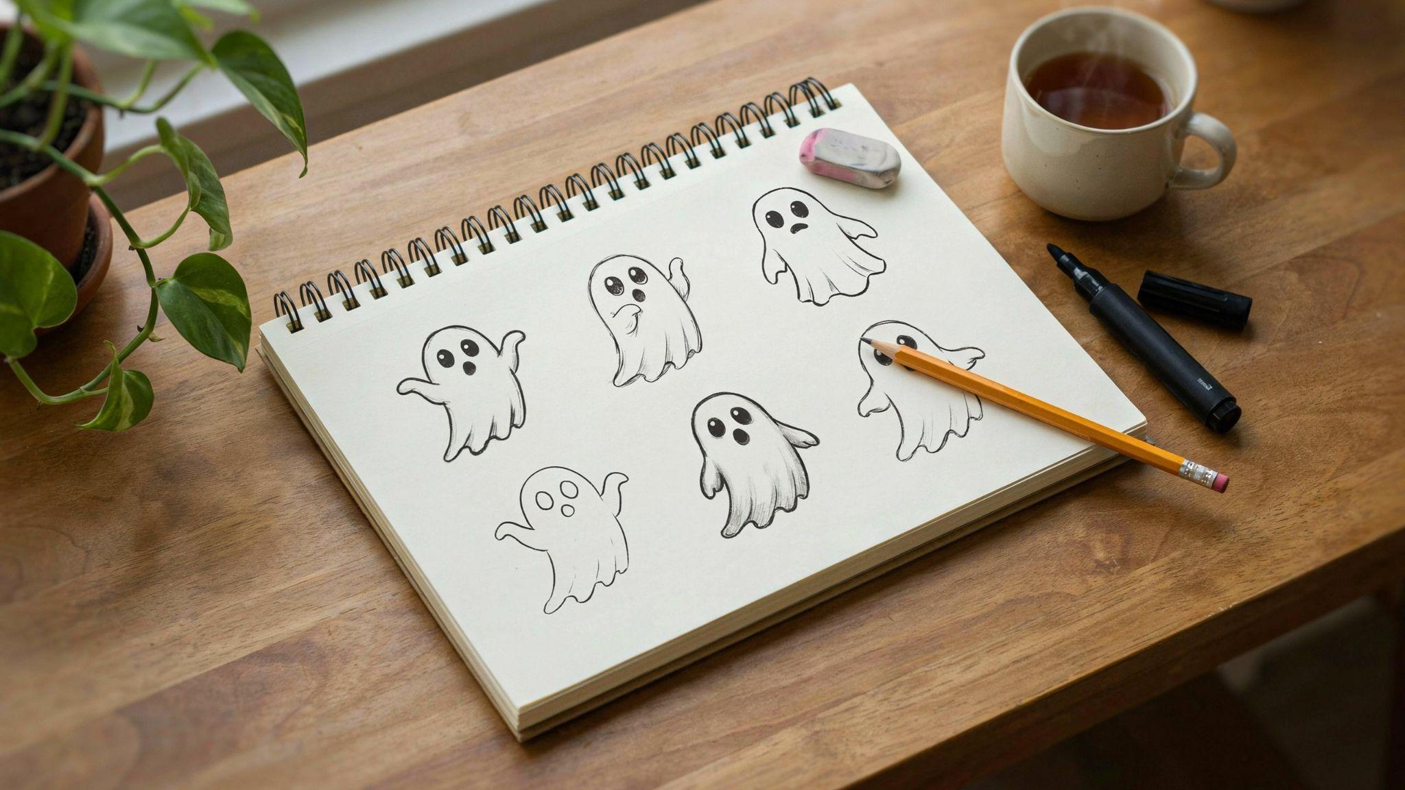 Beginner sketchbook showing cute ghost doodles with friendly expressions and simple shapes