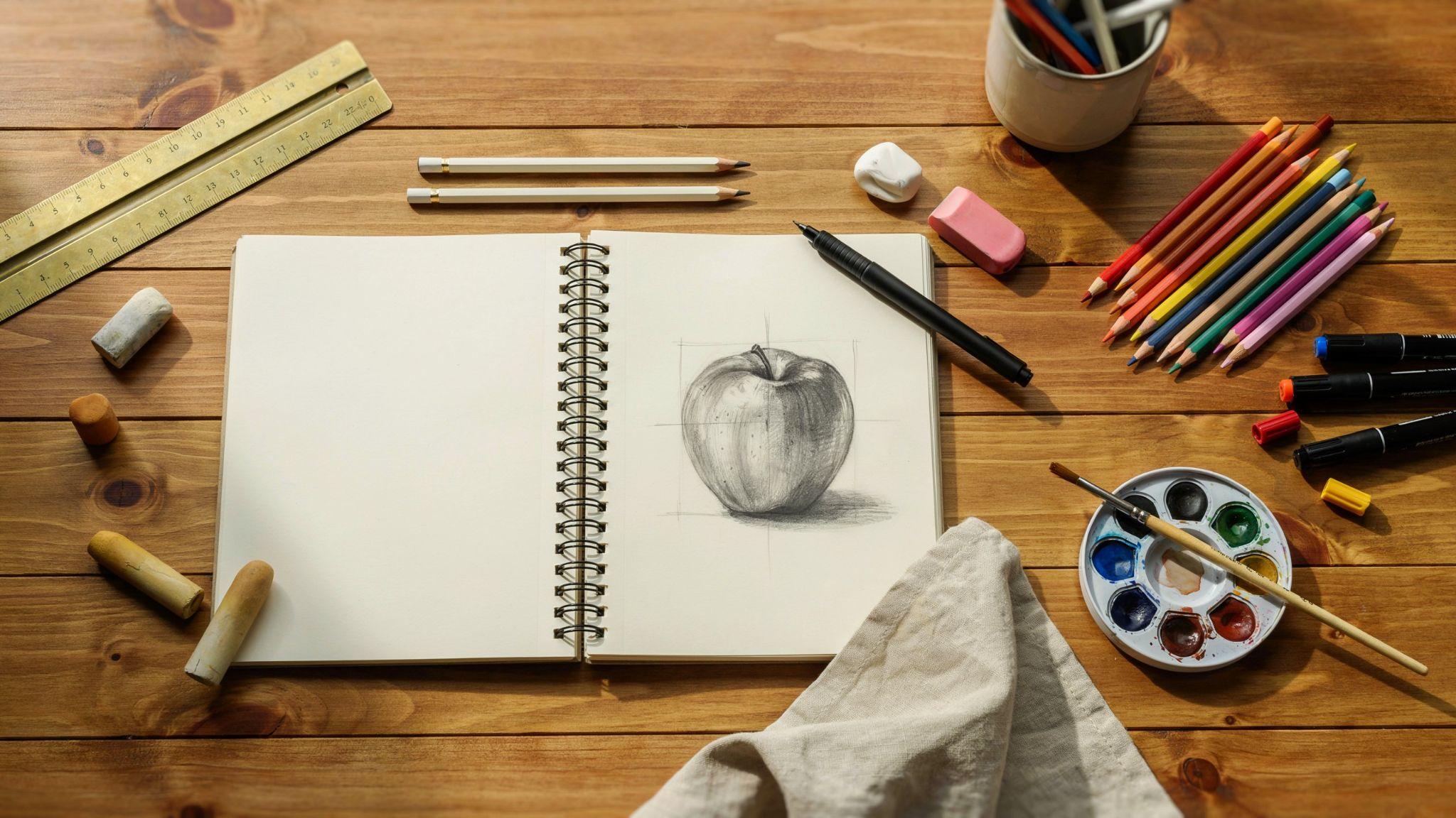 Organized drawing supplies including pencils sketchbook markers and art tools on a clean desk