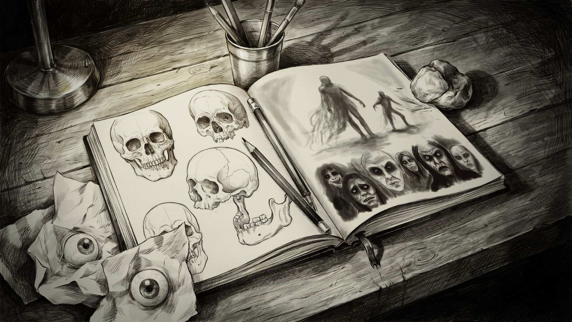 Horror-themed drawings featuring ghosts, skulls, and creepy faces on a desk with drawing tools.