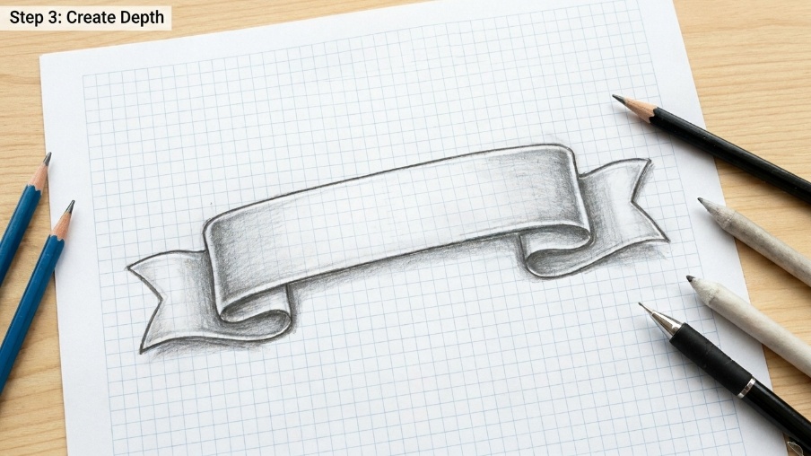 Banner drawing enhanced with shadows and highlights to create depth and dimension.