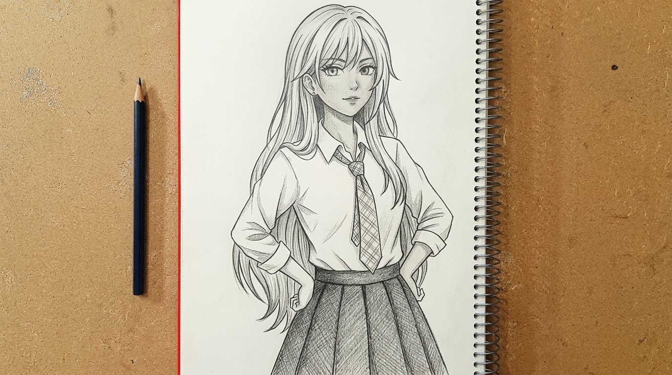 sketch of Anime School Girl.