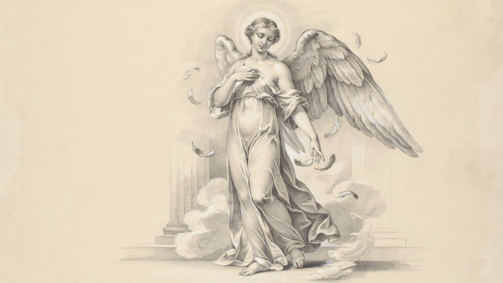 Beautiful angel drawing featuring flowing robes and detailed wings