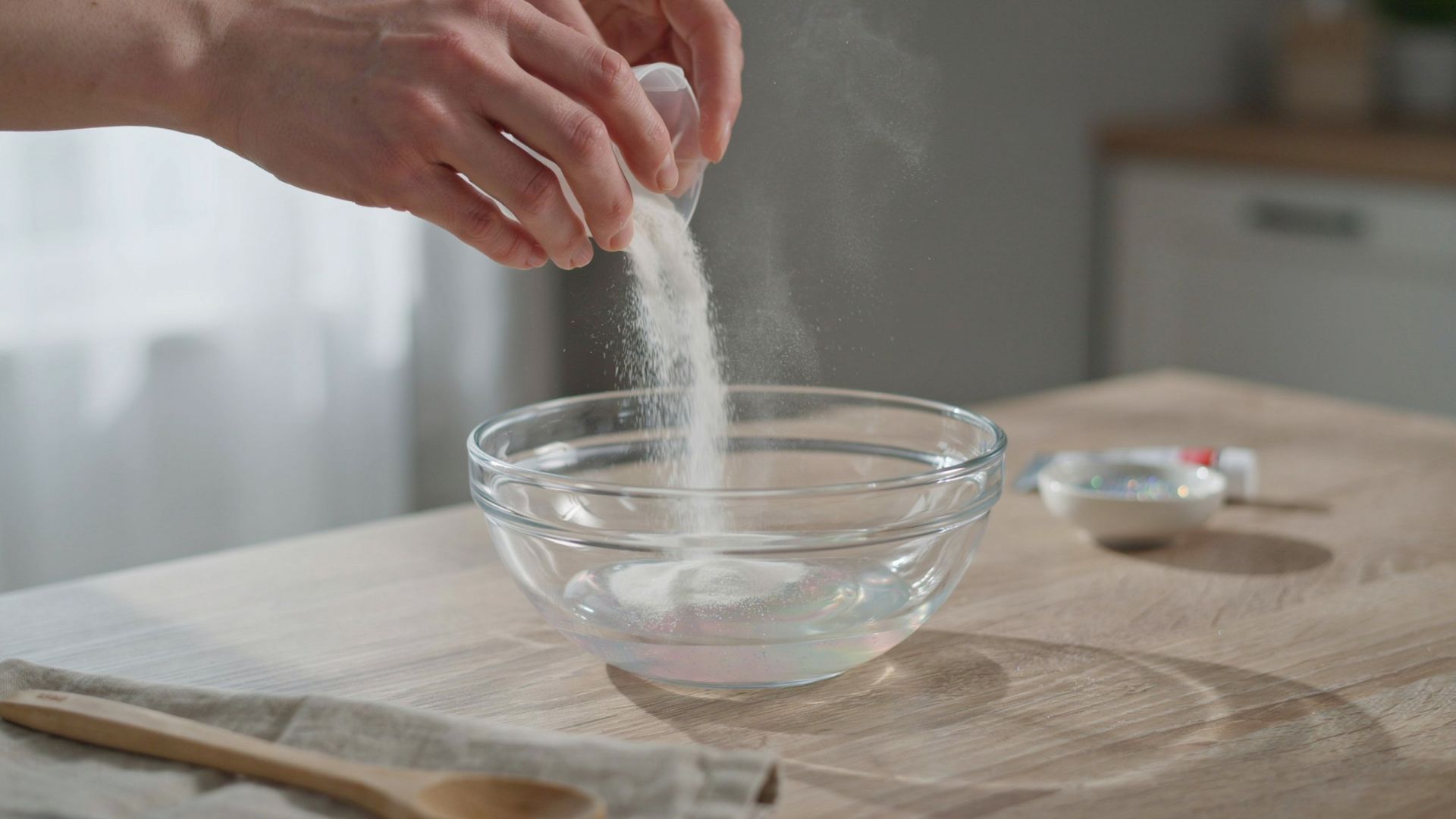 Cornstarch being poured into a mixing bowl as the first step in making slime without glue.