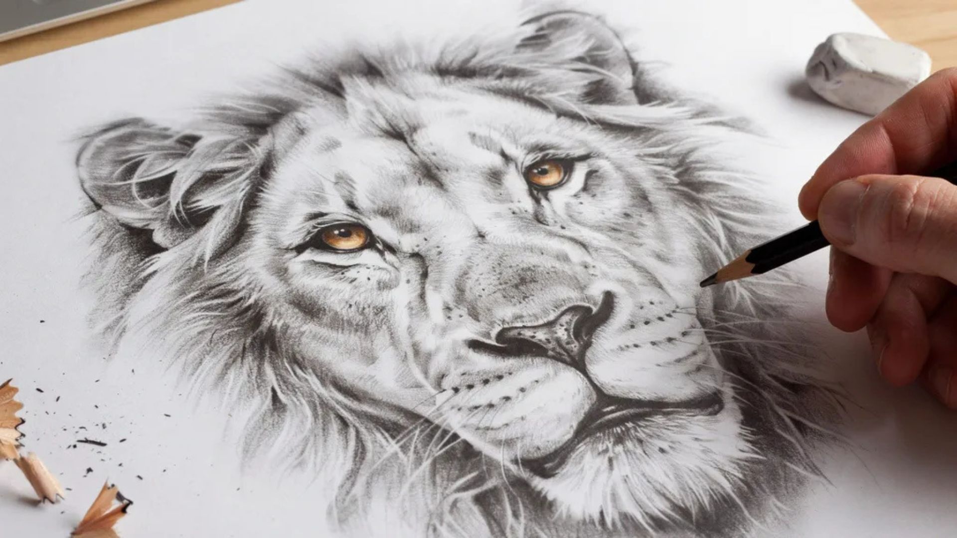 Enhancing the facial features of a lion drawing with detailed eyes, nose, and facial contours.