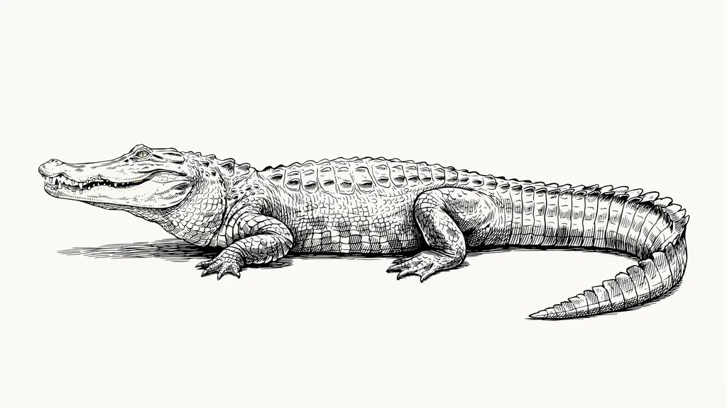 Fine ink illustration of an alligator with detailed line work.