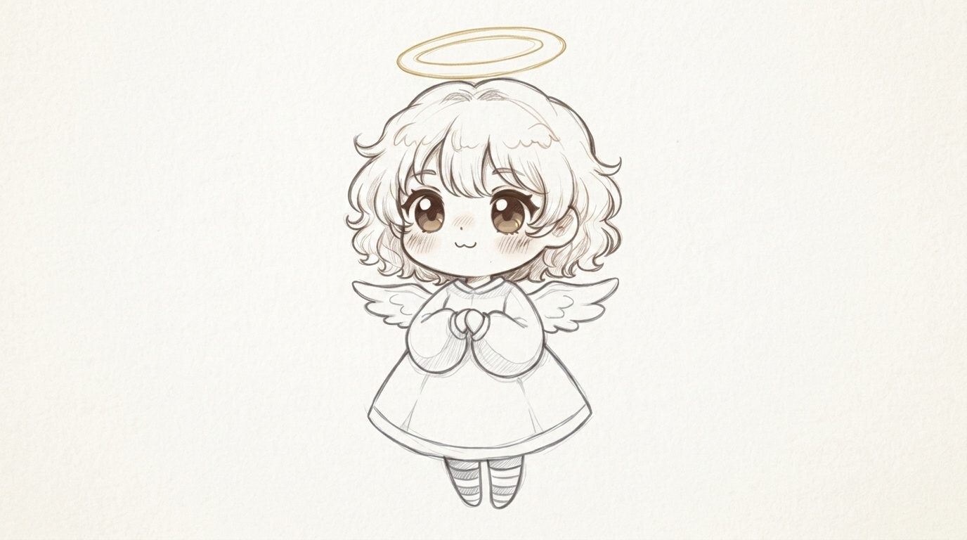 Cute cartoon angel drawing with big eyes and small wings.