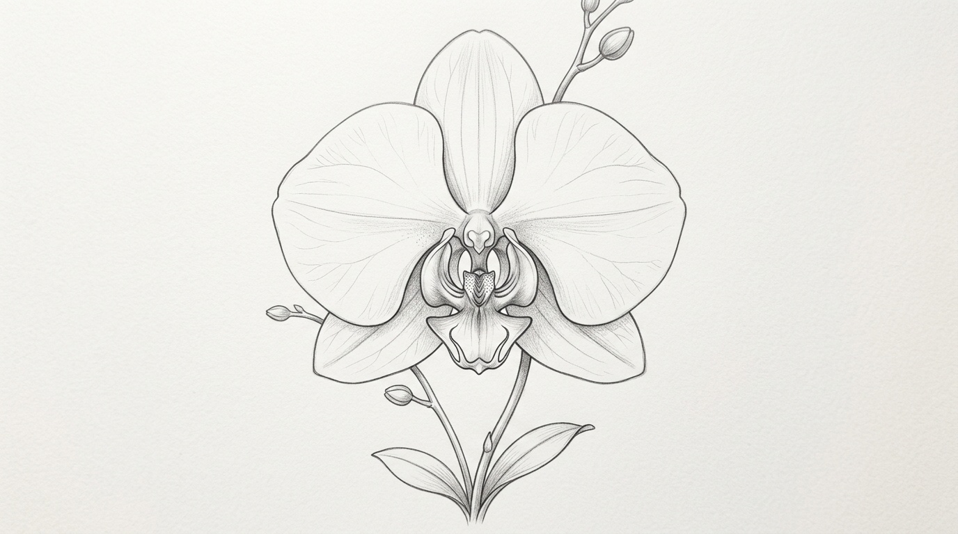 Orchid flower outline with a lightly sketched curved stem beneath the bloom.