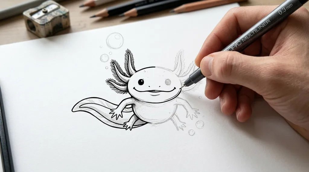 Final axolotl sketch being inked with a marker.