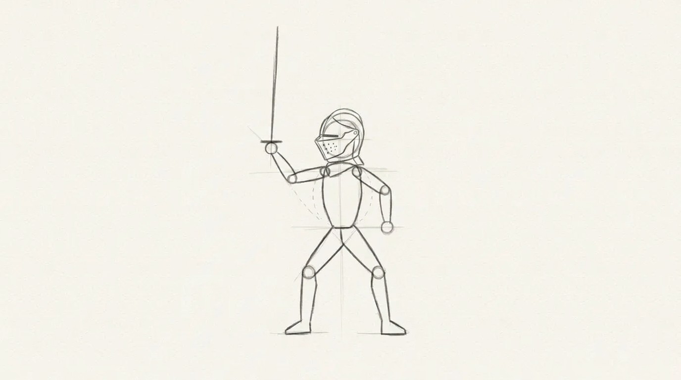 A knight helmet drawn with visor and basic head structure underneath.