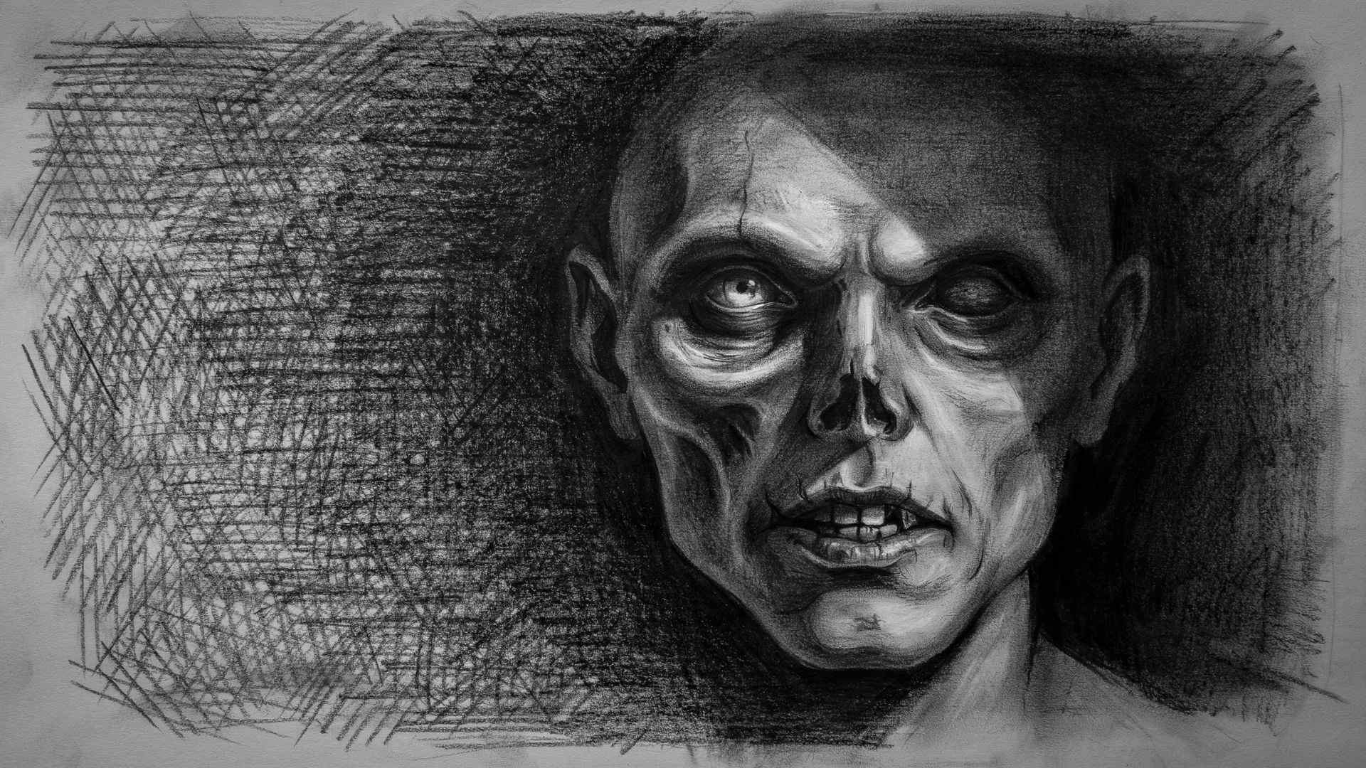 Horror drawing tutorial showing contrast, cross-hatching, blending, dramatic shadows, and a dark background to create a realistic scary face.