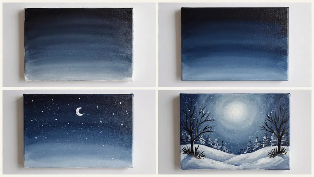 A four-step collage showing a winter night sky evolving from a dark gradient into a glowing snowy night scene.