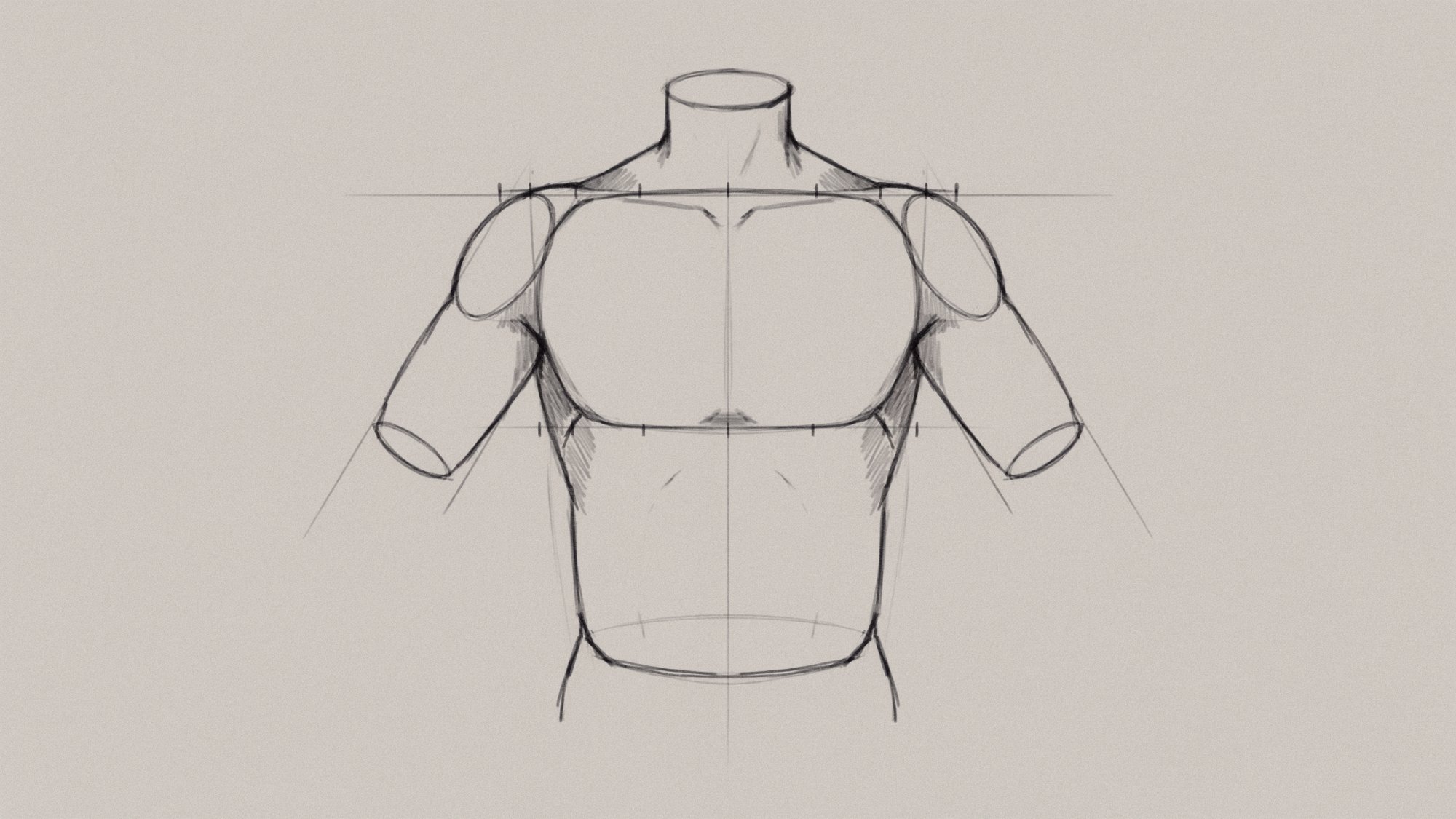 Basic torso outline drawn with simple shapes as the first step in drawing abs.