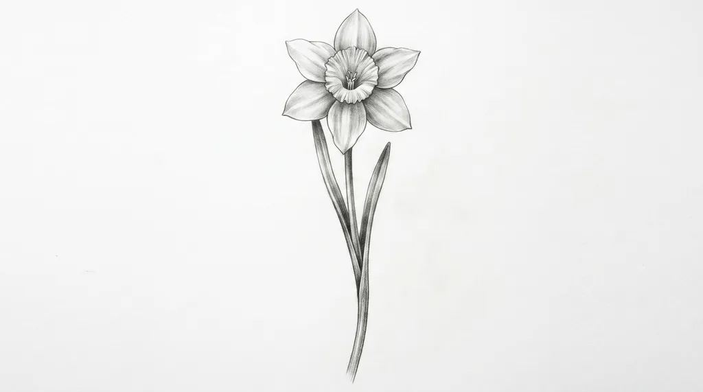 Daffodil sketch showing the stem attached to the flower.