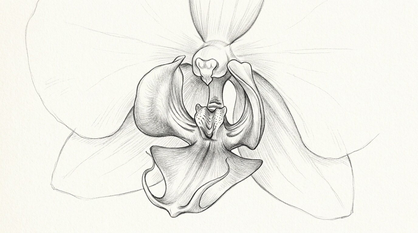 Refined orchid flower outline with clean petal shapes and erased guidelines
