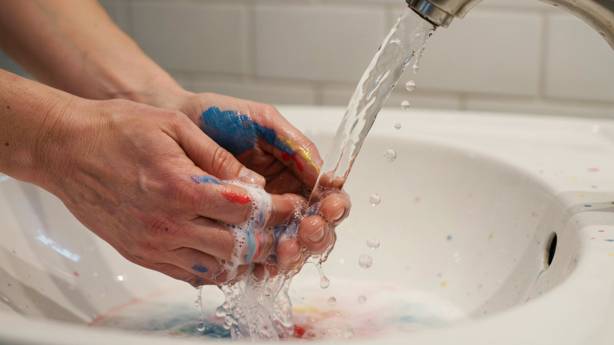 Wet acrylic paint being washed off hands with soap and warm water before drying.
