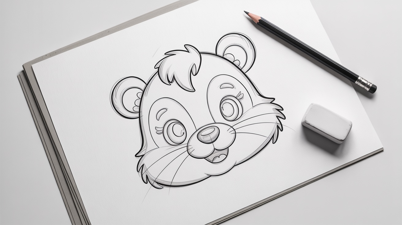 Simple pencil sketch showing the head shape and face outline of a cute skunk.