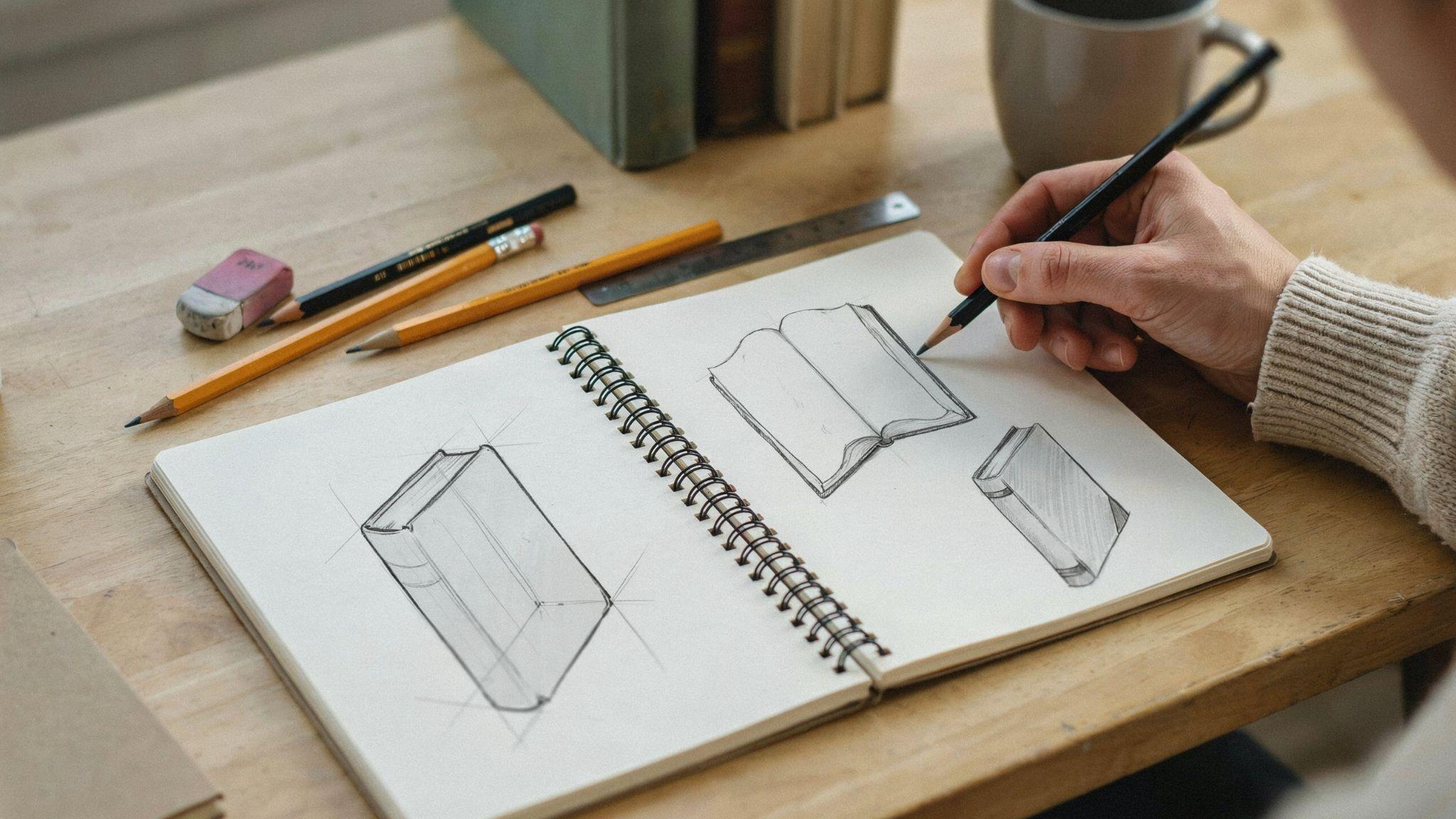 Beginner sketching books using simple geometric shapes and perspective drawing techniques