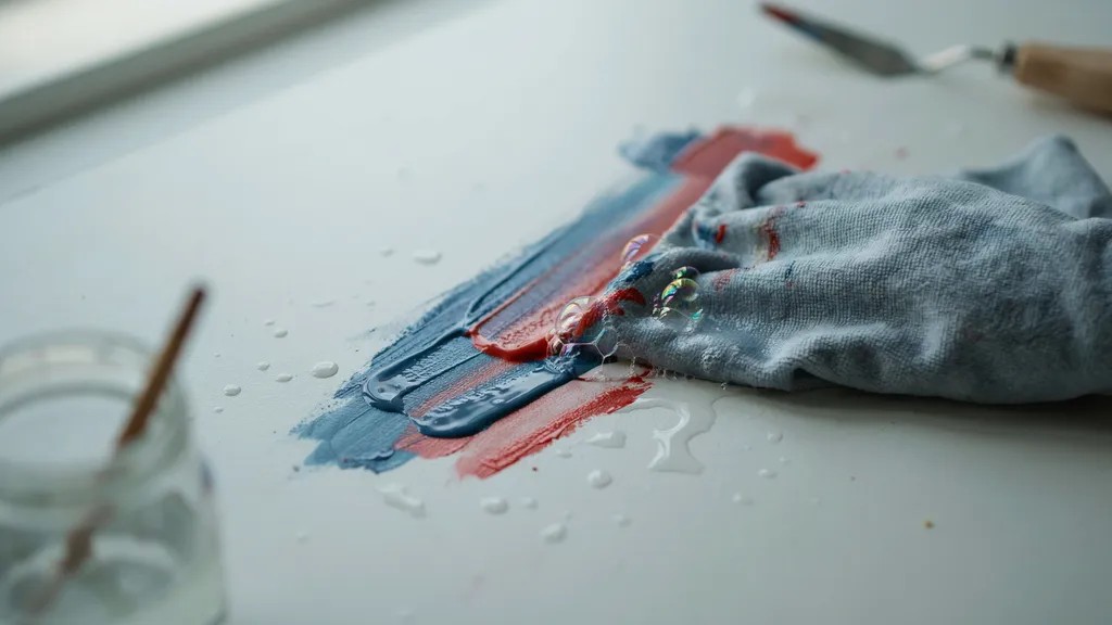 Fresh wet acrylic paint being cleaned from a smooth tabletop using a damp cloth and soap before it dries.