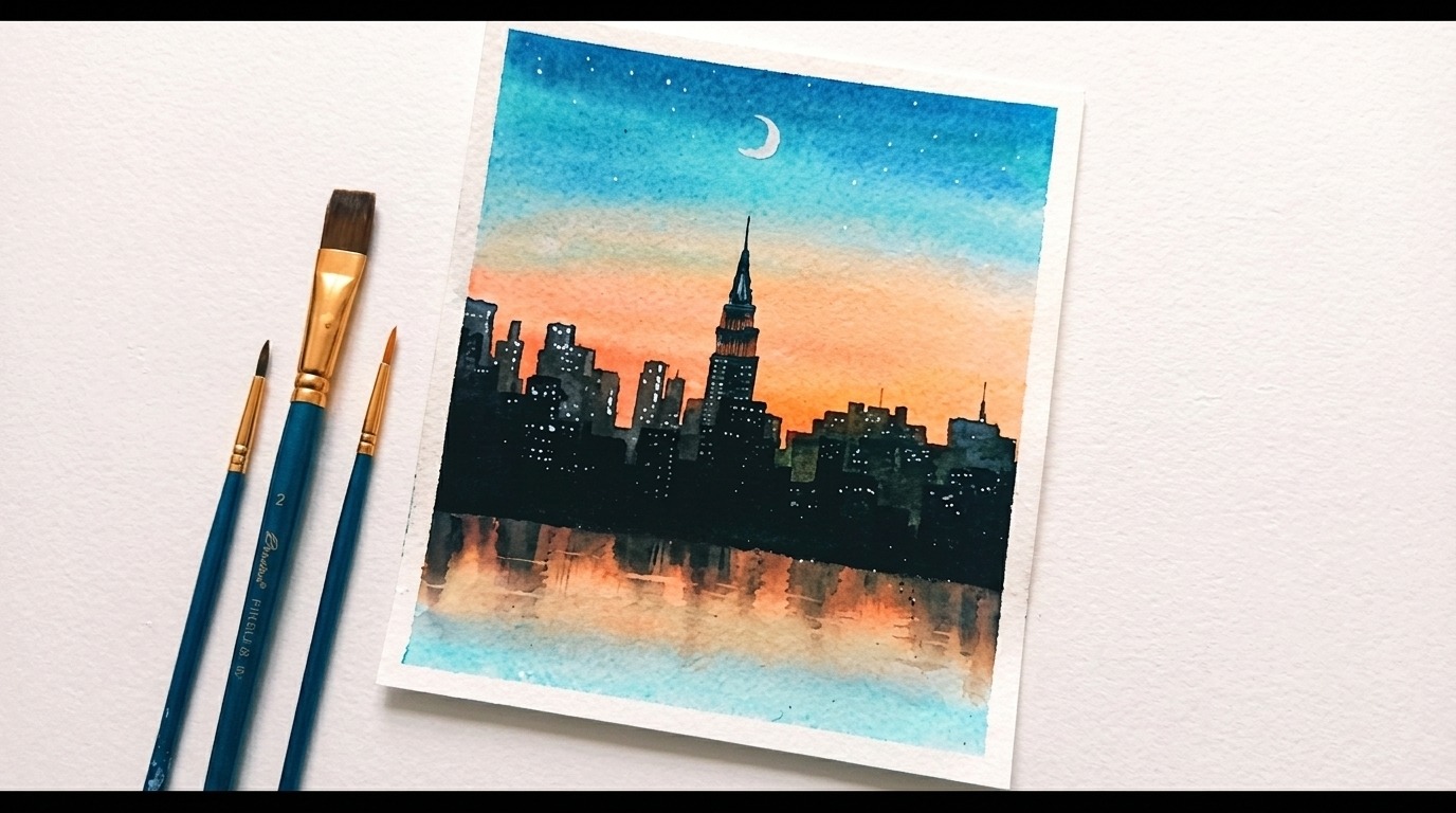 picture of skyline watercolor painting.