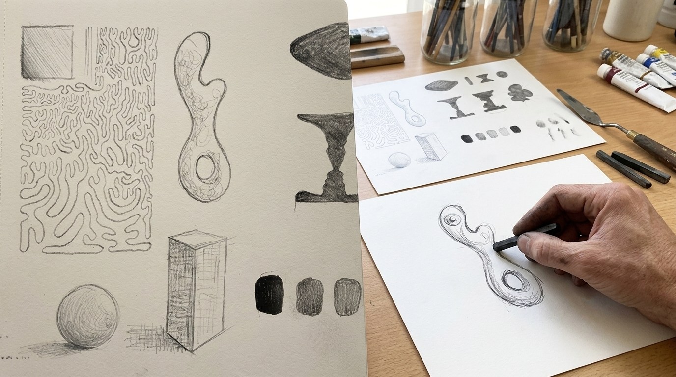 Artist drawing an object from memory after studying a reference.