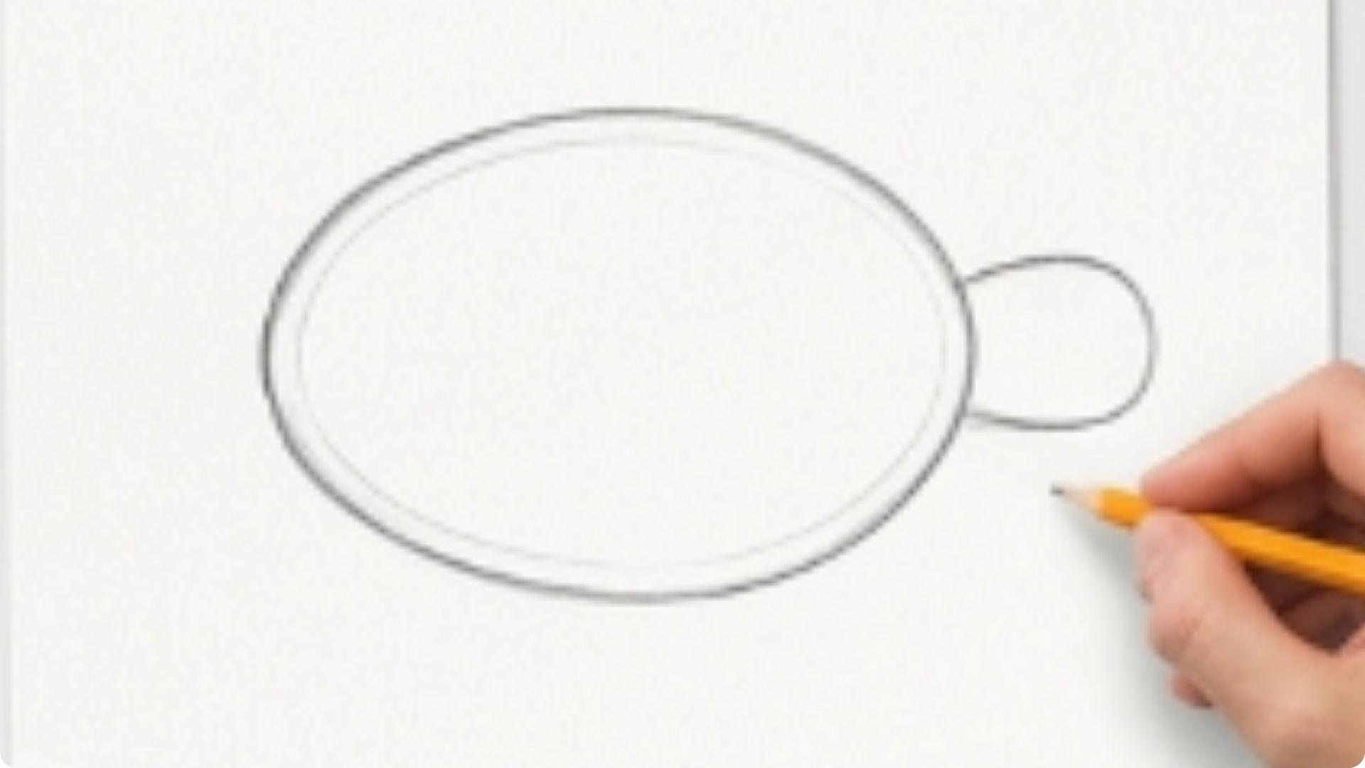 A small rounded head added to one side of an oval shell in a step-by-step sea turtle drawing guide in a minimal sketch style.