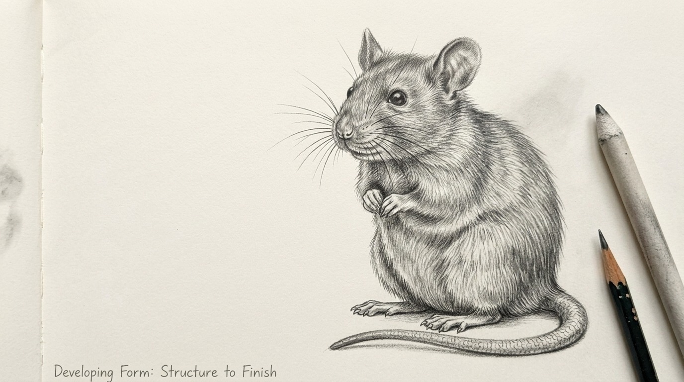 Realistic rat drawing with shading, fur texture, whiskers, and detailed features.