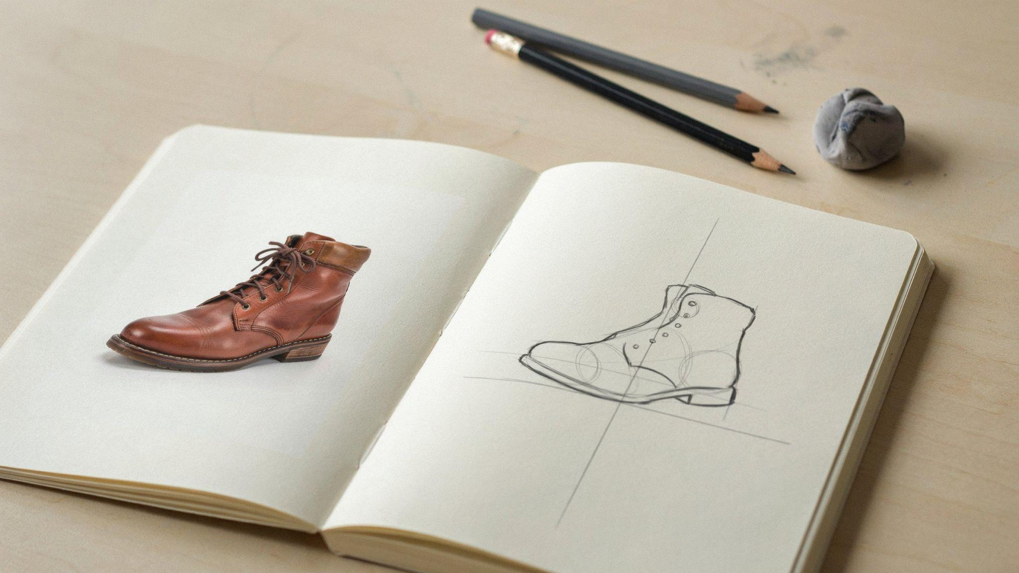 Leather boot drawing beside pencil sketch of boots on open notebook with pencils and kneaded eraser.