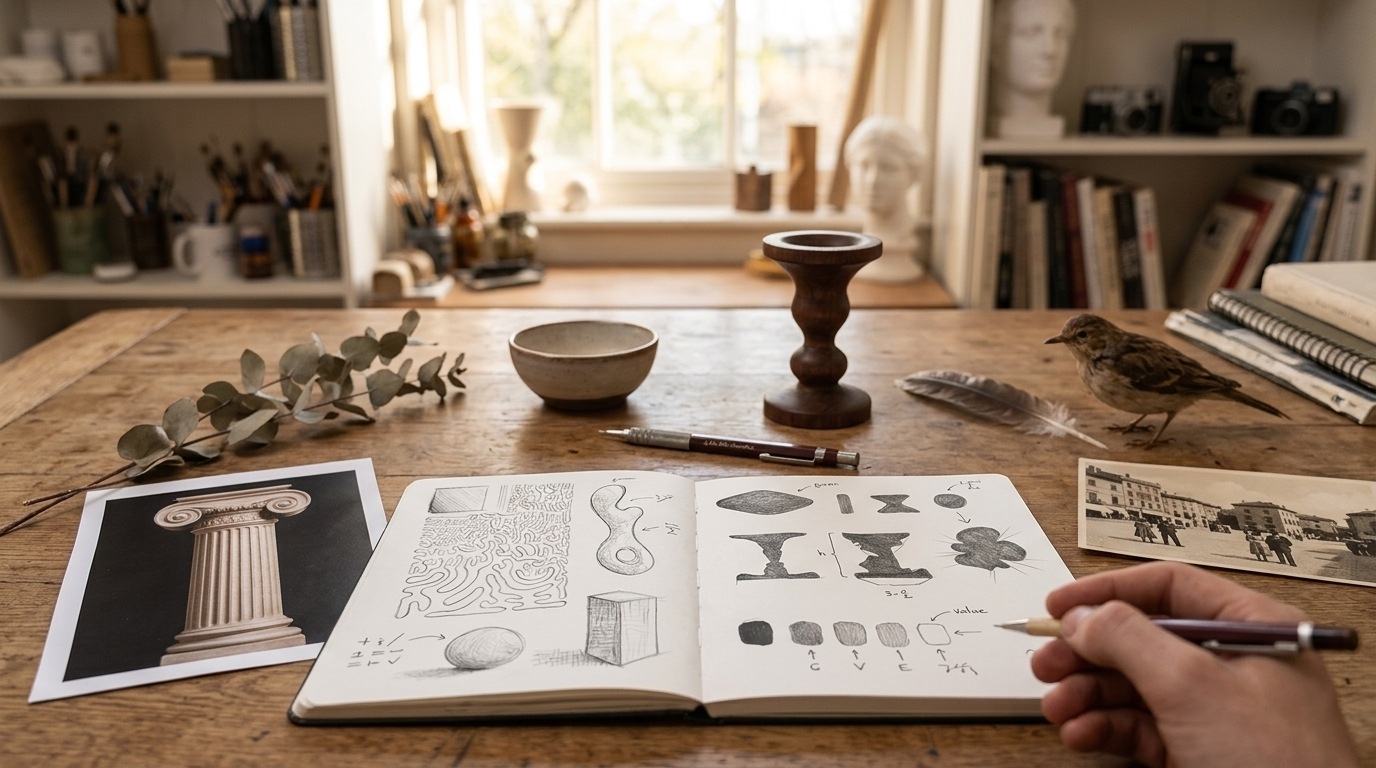 Artist observing real-world references before practicing imaginative drawing.