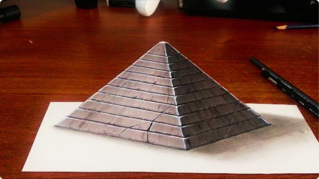 Realistic 3D pencil drawing of a stone pyramid casting a shadow on paper.