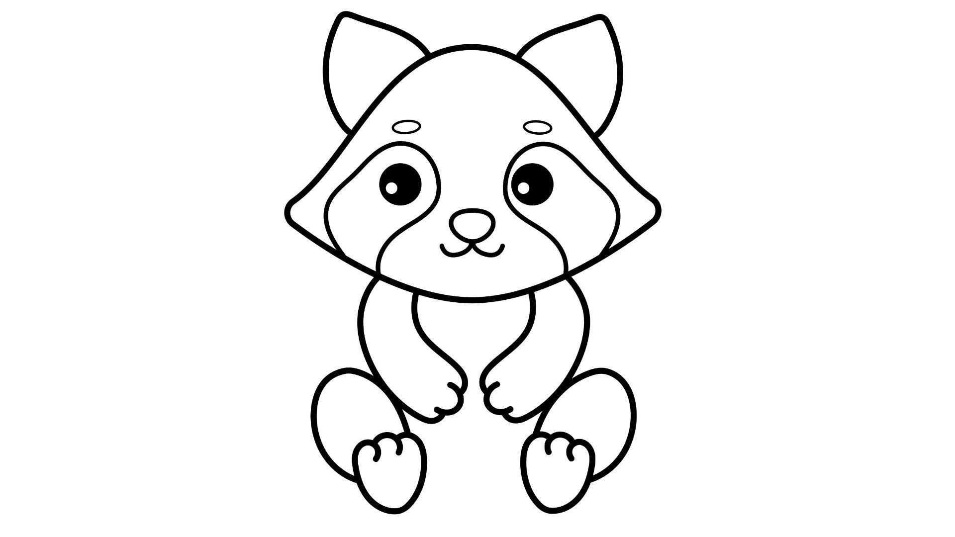 Raccoon body and fluffy tail being drawn using simple shapes and curves.